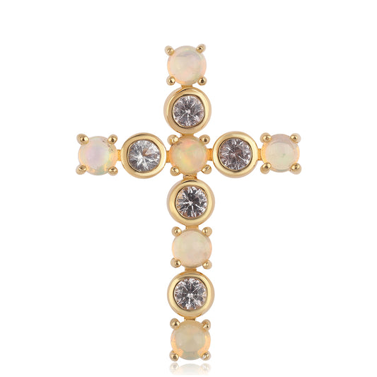 Kereszt Arannyal Bevont Ezüst Medál Etiópiai Opállal és Fehér Topázzal