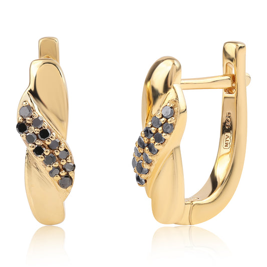 Arannyal Bevont Ezüst Fülbevaló Fekete Gyémánttal