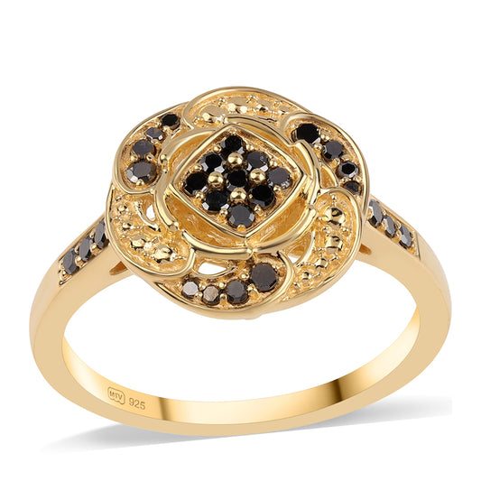 Arannyal Bevont Ezüst Gyűrű Fekete Gyémánttal