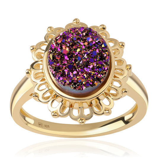Arannyal Bevont Ezüst Gyűrű Lila Drusy-val