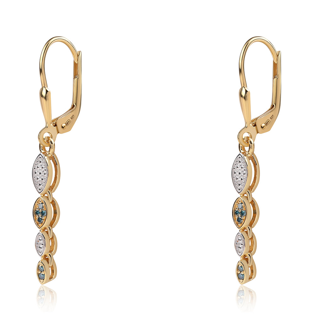 Arannyal Bevont Ezüst Fülbevaló Kék Gyémánttal