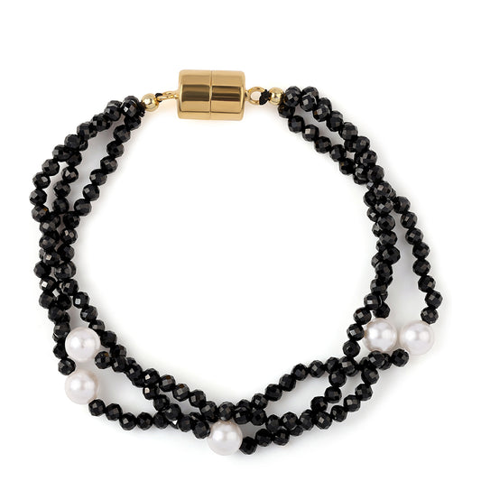Arannyal Bevont Ezüst Karkötő Fekete Spinellel és Fehér Édesvízi Kagylógyönggyel