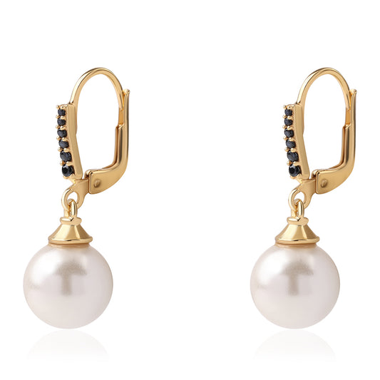 Arannyal Bevont Ezüst Fülbevaló Fekete Spinellel és Fehér Édesvízi Kagylógyönggyel