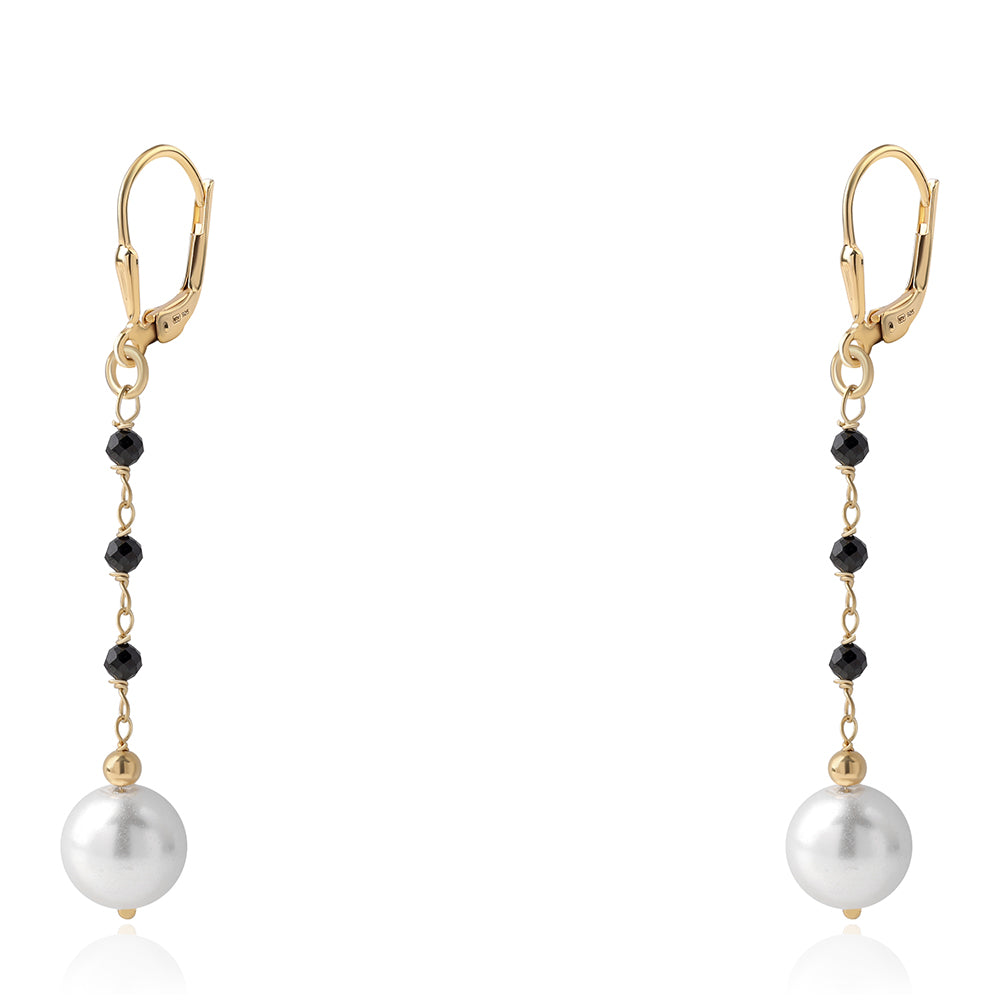 Arannyal Bevont Ezüst Fülbevaló Fekete Spinellel és Fehér Édesvízi Kagylógyönggyel 1 