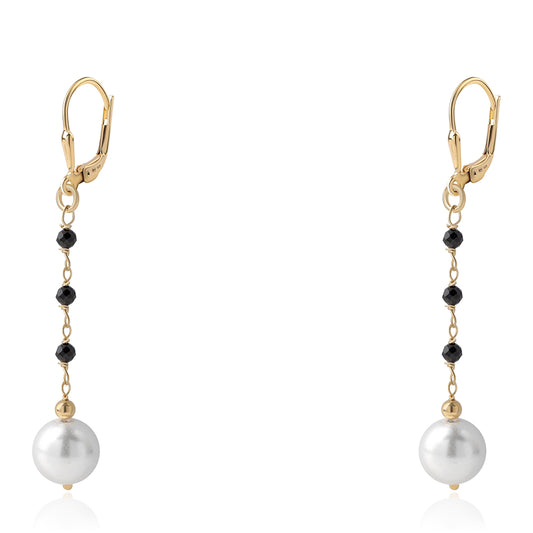 Arannyal Bevont Ezüst Fülbevaló Fekete Spinellel és Fehér Édesvízi Kagylógyönggyel