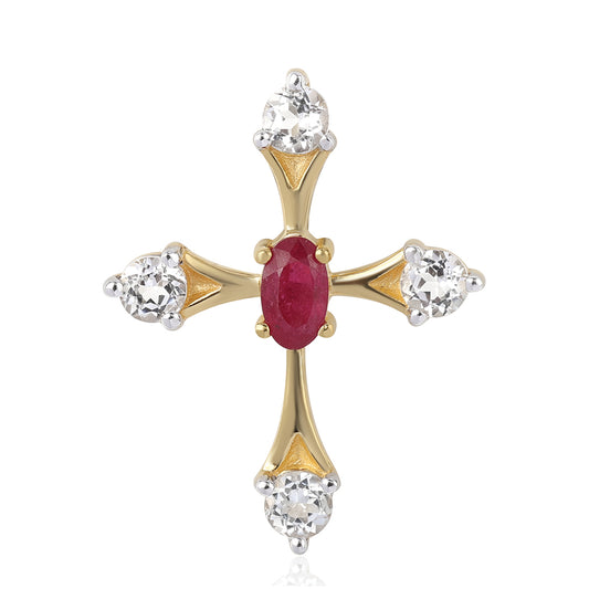 Kereszt Arannyal Bevont Ezüst Medál Mozambiquei Rubinnal és Fehér Topázzal