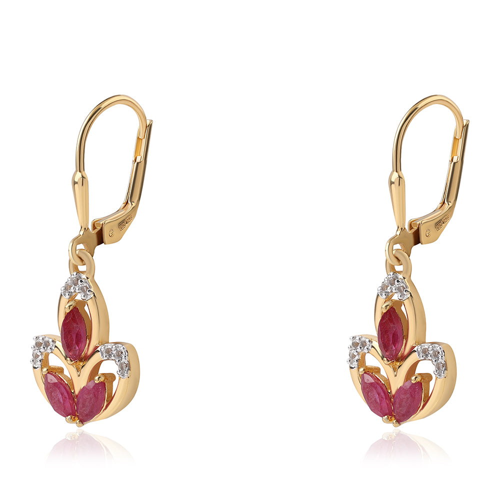 Arannyal Bevont Ezüst Fülbevaló Mozambiquei Rubinnal és Fehér Topázzal 2 