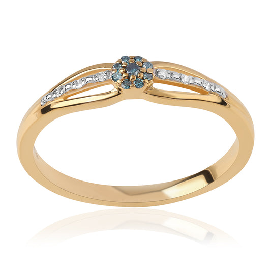 Arannyal Bevont Ezüst Gyűrű Kék Gyémánttal és Fehér Gyémánttal