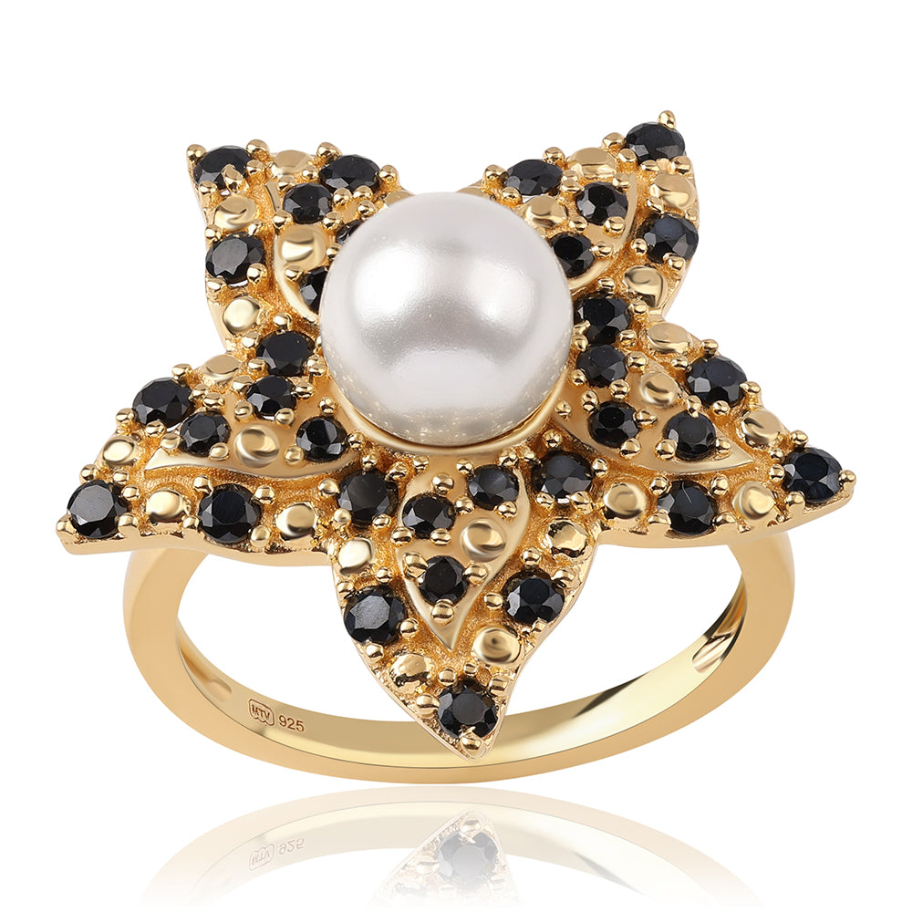 Arannyal Bevont Ezüst Gyűrű Fekete Spinellel és Fehér Édesvízi Kagylógyönggyel 1 