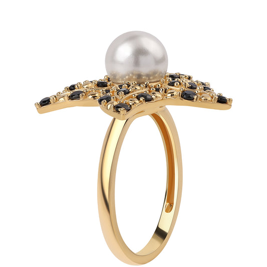 Arannyal Bevont Ezüst Gyűrű Fekete Spinellel és Fehér Édesvízi Kagylógyönggyel