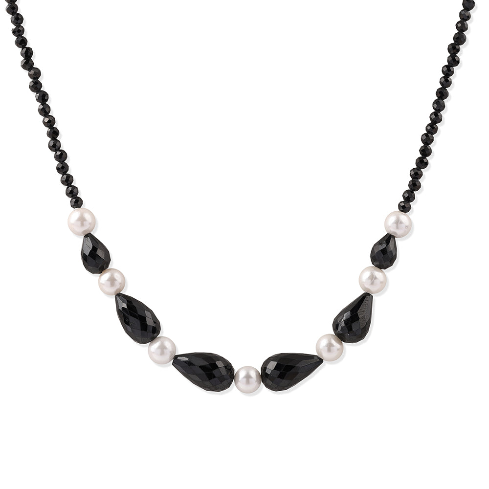 Arannyal Bevont Ezüst Nyaklánc Fekete Spinellel és Fehér Édesvízi Kagylógyönggyel 1 