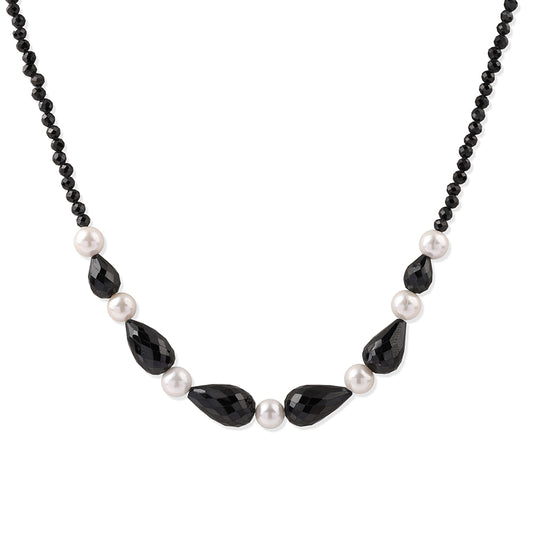 Arannyal Bevont Ezüst Nyaklánc Fekete Spinellel és Fehér Édesvízi Kagylógyönggyel