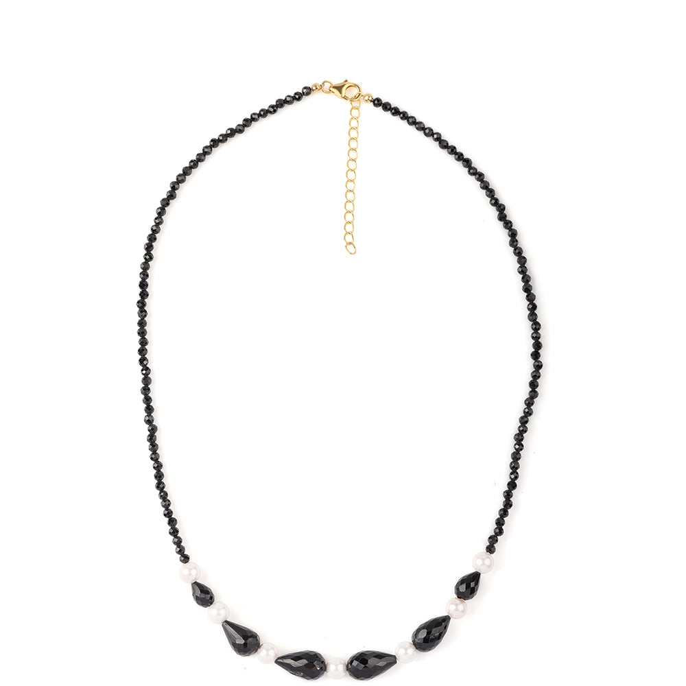 Arannyal Bevont Ezüst Nyaklánc Fekete Spinellel és Fehér Édesvízi Kagylógyönggyel 3 