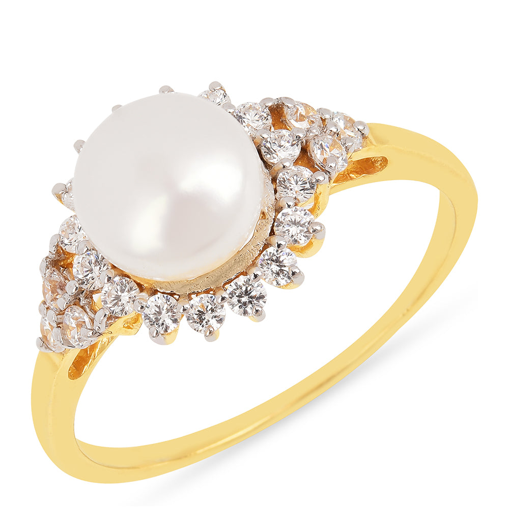 Arannyal Bevont Ezüst Gyűrű Krém Édesvízi Kagylógyönggyel és Fehér Cirkónnal 1 