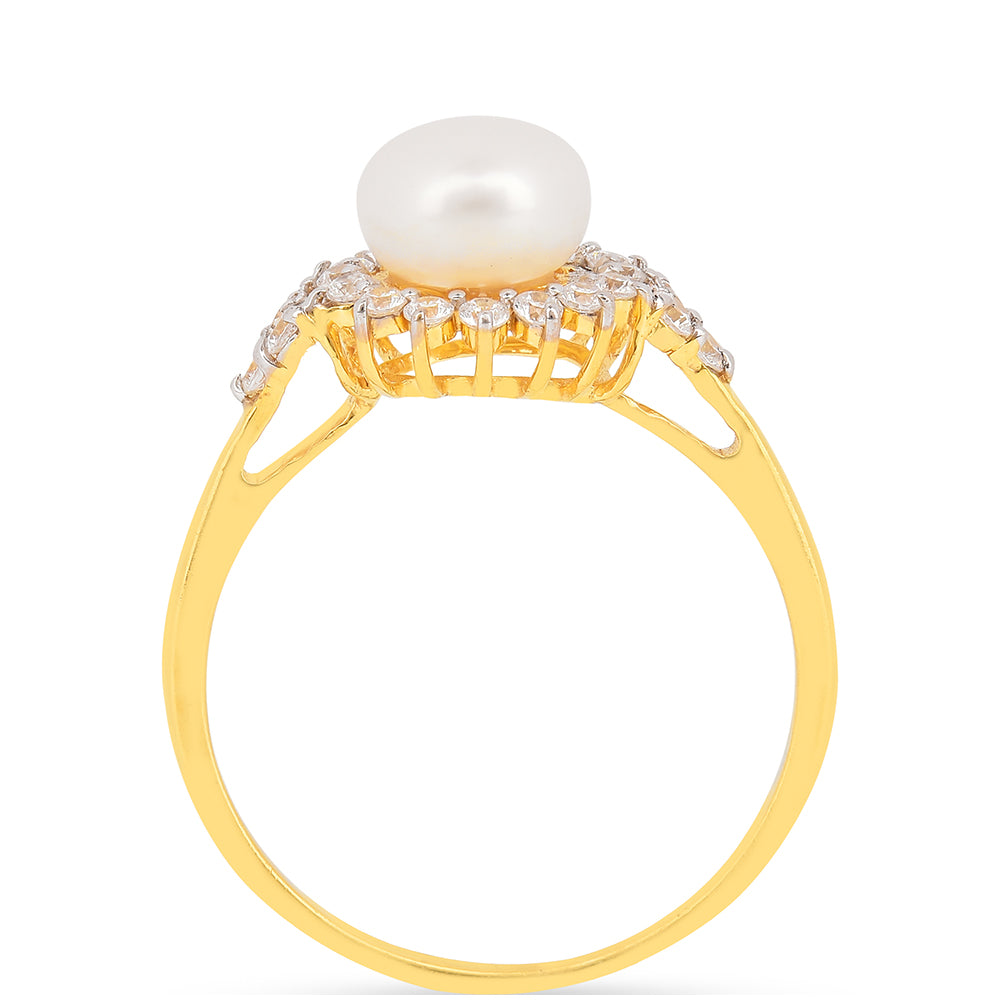 Arannyal Bevont Ezüst Gyűrű Krém Édesvízi Kagylógyönggyel és Fehér Cirkónnal