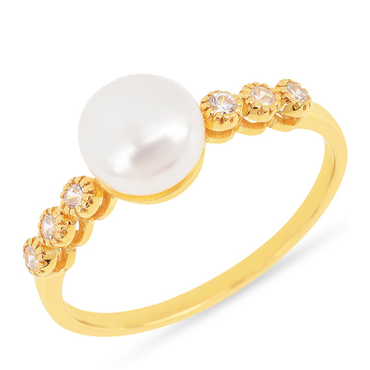 Arannyal Bevont Ezüst Gyűrű Krém Édesvízi Kagylógyönggyel és Fehér Cirkónnal