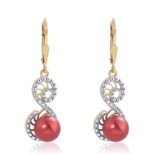 Arannyal Bevont Ezüst Fülbevaló Vörös Édesvízi Kagylógyönggyel és Fehér Topázzal