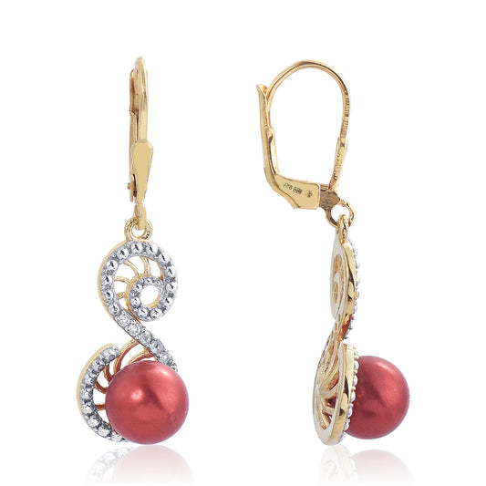Arannyal Bevont Ezüst Fülbevaló Vörös Édesvízi Kagylógyönggyel és Fehér Topázzal