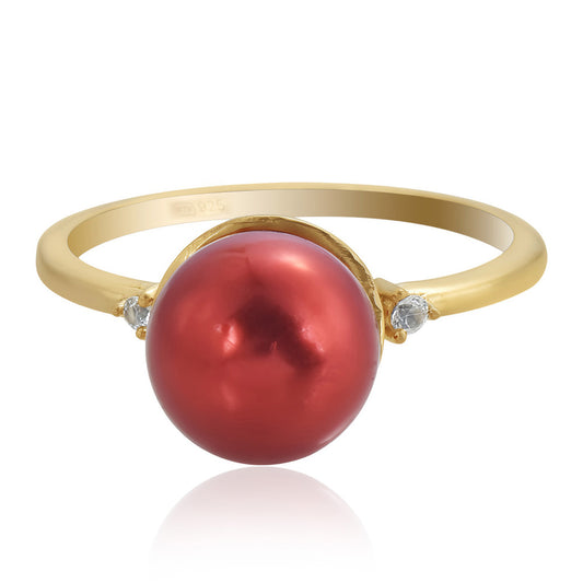 Arannyal Bevont Ezüst Gyűrű Vörös Édesvízi Kagylógyönggyel és Fehér Topázzal
