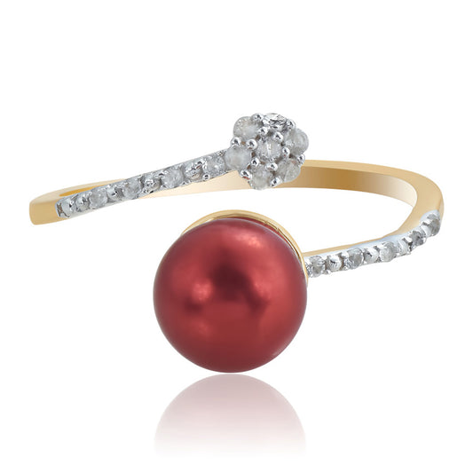 Arannyal Bevont Ezüst Gyűrű Vörös Édesvízi Kagylógyönggyel és Fehér Topázzal