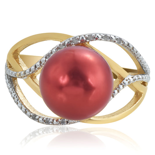 Arannyal Bevont Ezüst Gyűrű Vörös Édesvízi Kagylógyönggyel és Fehér Topázzal