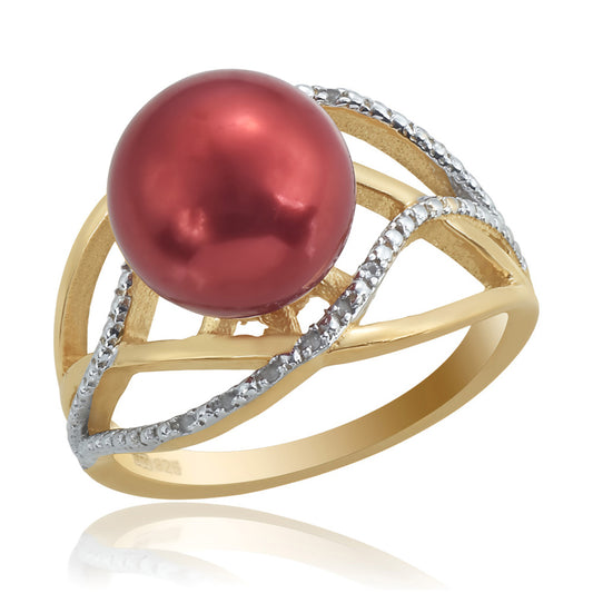 Arannyal Bevont Ezüst Gyűrű Vörös Édesvízi Kagylógyönggyel és Fehér Topázzal