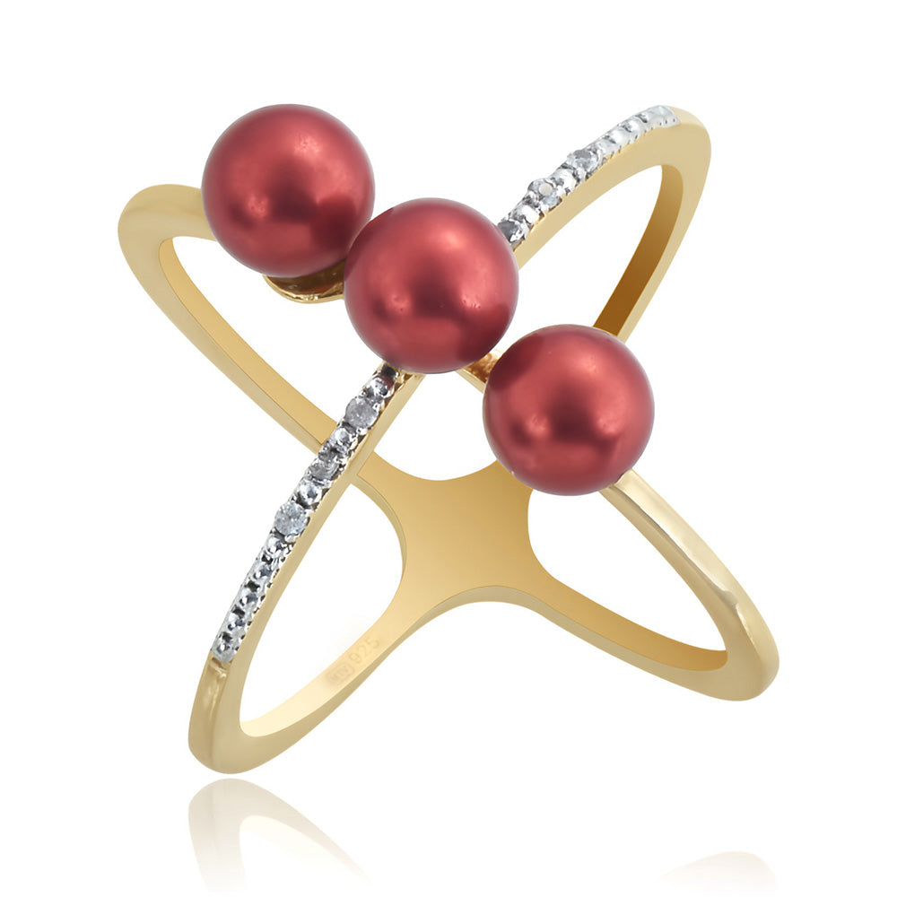 Arannyal Bevont Ezüst Gyűrű Vörös Édesvízi Kagylógyönggyel és Fehér Topázzal 1 