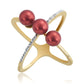 Arannyal Bevont Ezüst Gyűrű Vörös Édesvízi Kagylógyönggyel és Fehér Topázzal