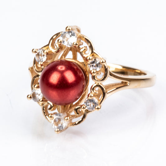 Arannyal Bevont Ezüst Gyűrű Vörös Édesvízi Kagylógyönggyel és Fehér Topázzal