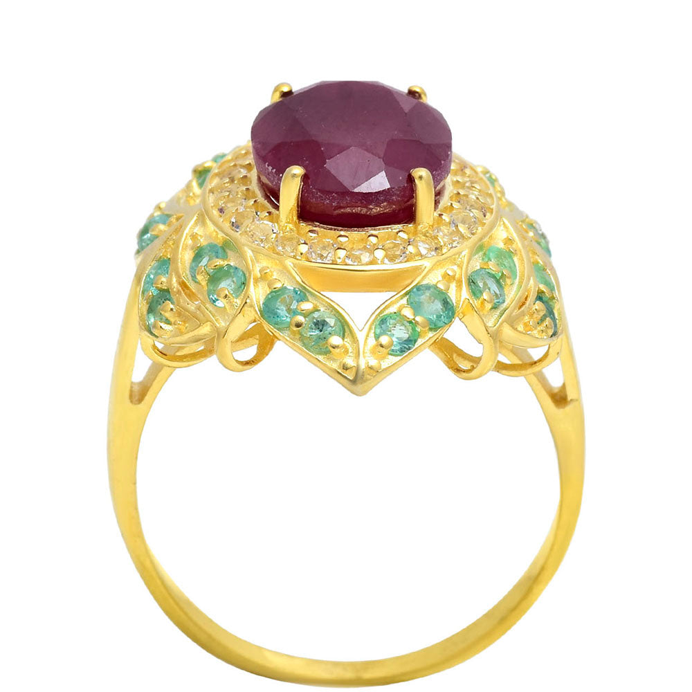 Arannyal Bevont Ezüst Gyűrű Madagaszkári Rubinnal és Brazil Smaragddal 3 