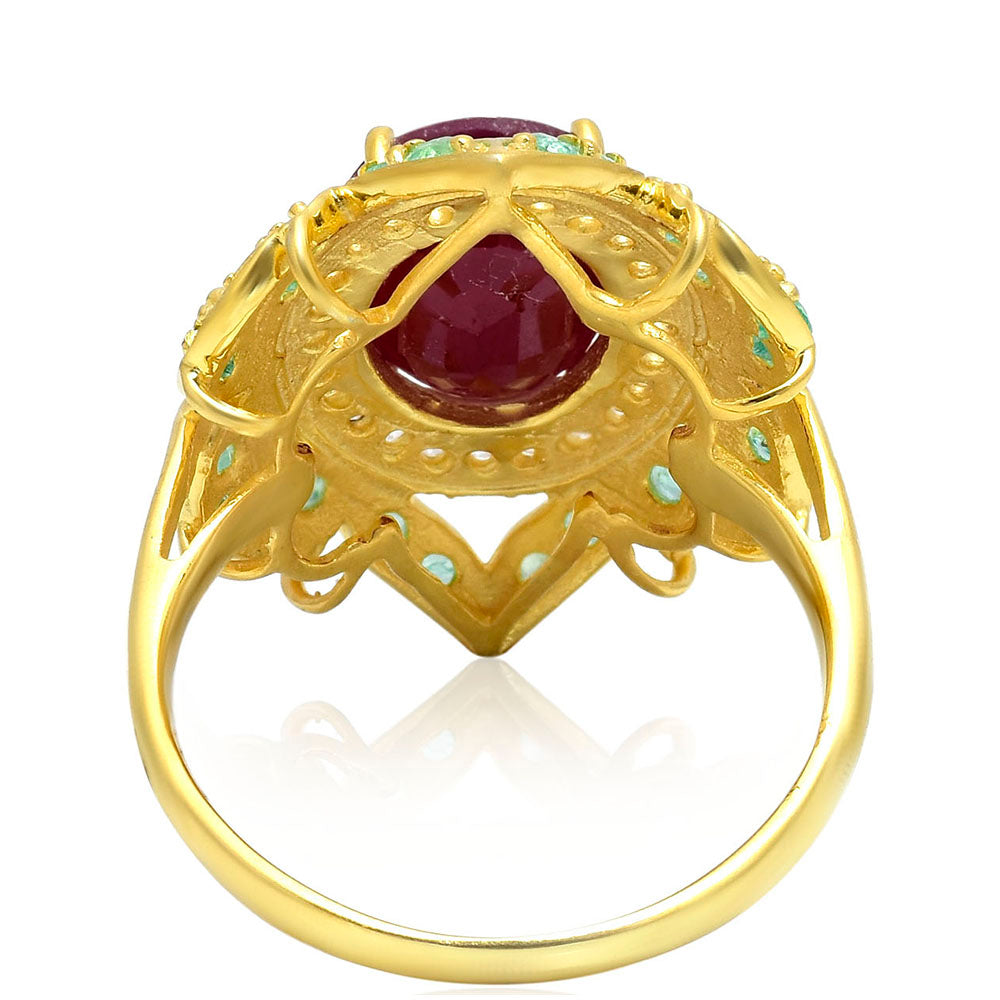 Arannyal Bevont Ezüst Gyűrű Madagaszkári Rubinnal és Brazil Smaragddal 4 