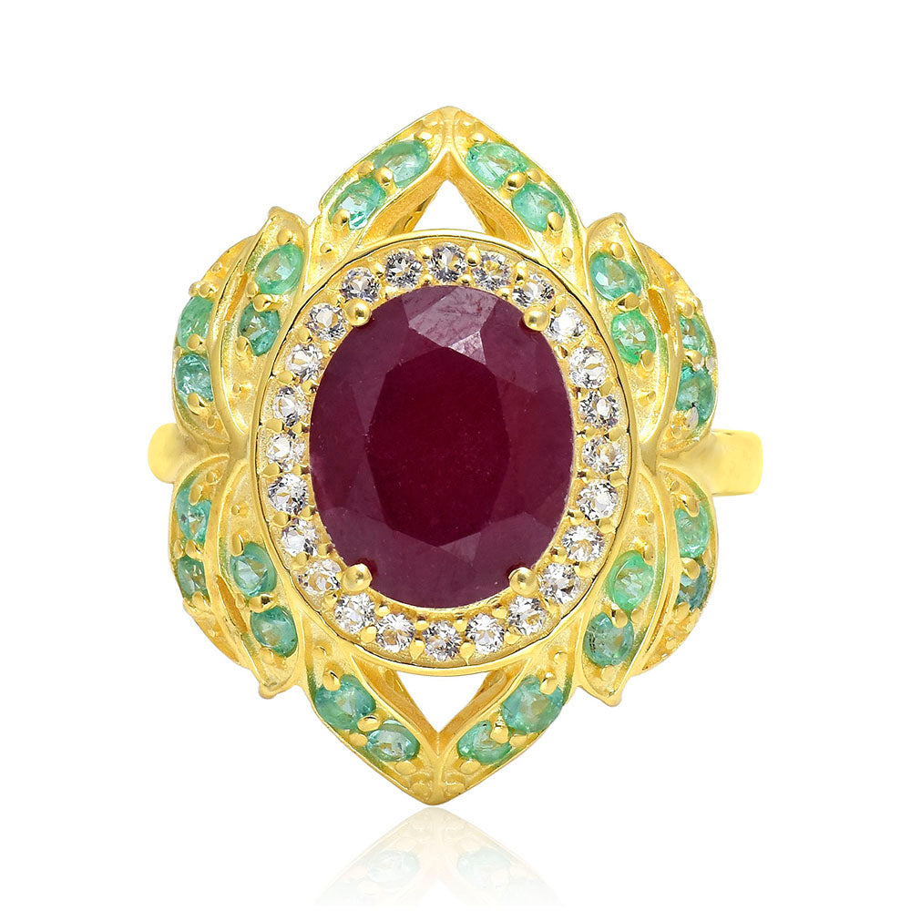 Arannyal Bevont Ezüst Gyűrű Madagaszkári Rubinnal és Brazil Smaragddal