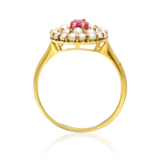 Arannyal Bevont Ezüst Gyűrű Madagaszkári Rubinnal és Fehér Édesvízi Kagylógyönggyel