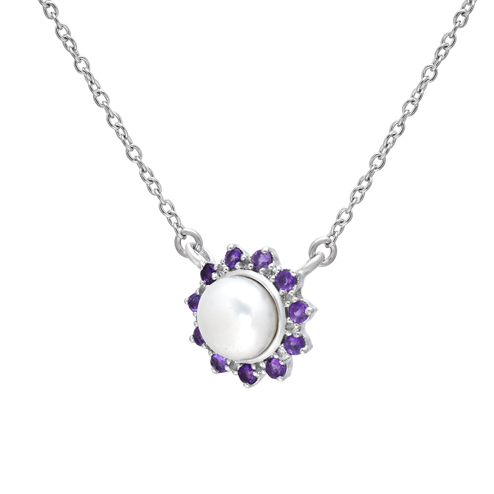 Ezüst Nyaklánc Marokkói Ametiszttel és Fehér Édesvízi Kagylógyönggyel