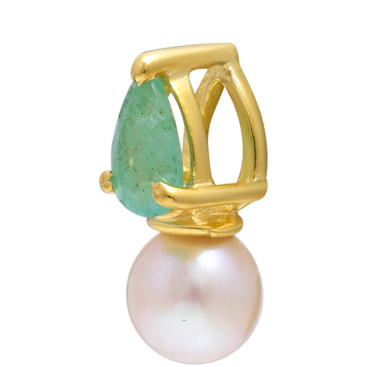 Arannyal Bevont Ezüst Medál Brazil Smaragddal és Fehér Édesvízi Kagylógyönggyel