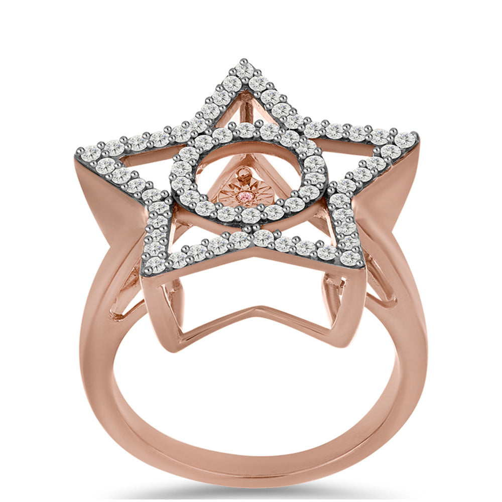 Rózsaarannyal Bevont Ezüst Gyűrű Rózsaszín Táncoló Gyémánttal és Fehér Topázzal