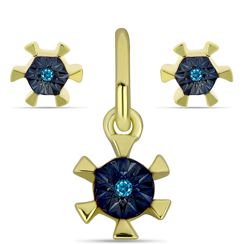 Arannyal Bevont Ezüst Szett Kék Gyémánttal ( Fülbevaló+Medál )