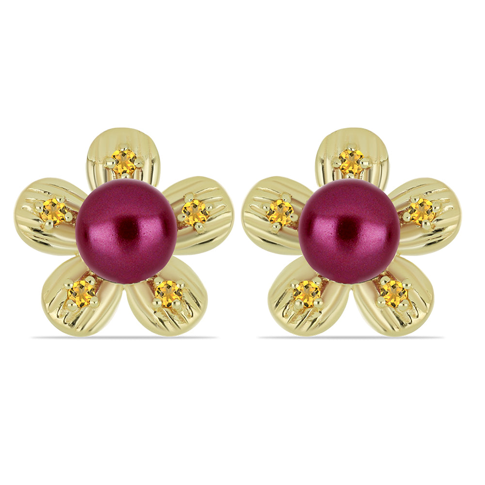 Arannyal Bevont Ezüst Fülbevaló Lila színű Édesvízi Kagylógyönggyel és Ural Citrinnel