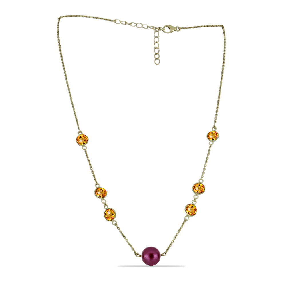 Arannyal Bevont Ezüst Nyaklánc Lila színű Édesvízi Kagylógyönggyel és Ural Citrinnel