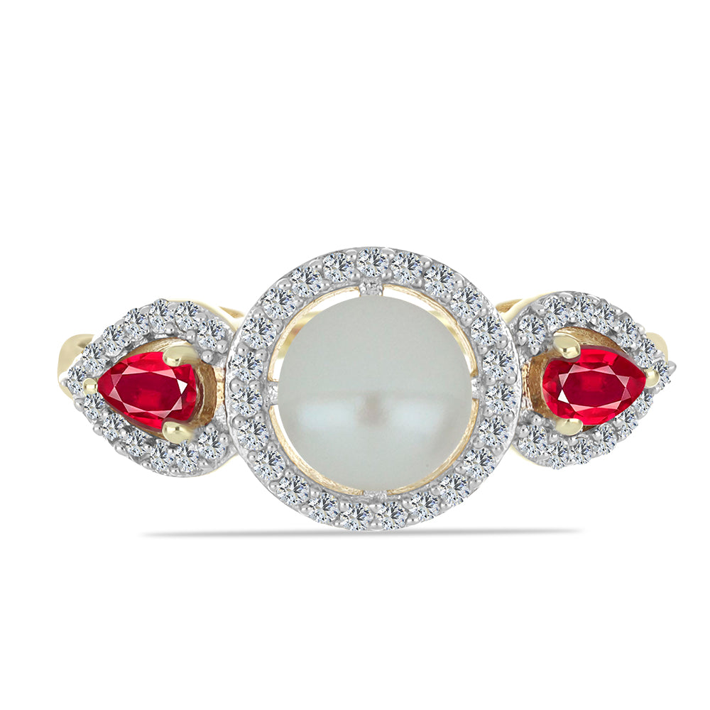 Arannyal Bevont Ezüst Gyűrű Fehér Édesvízi Kagylógyönggyel és Madagaszkári Rubinnal 1 