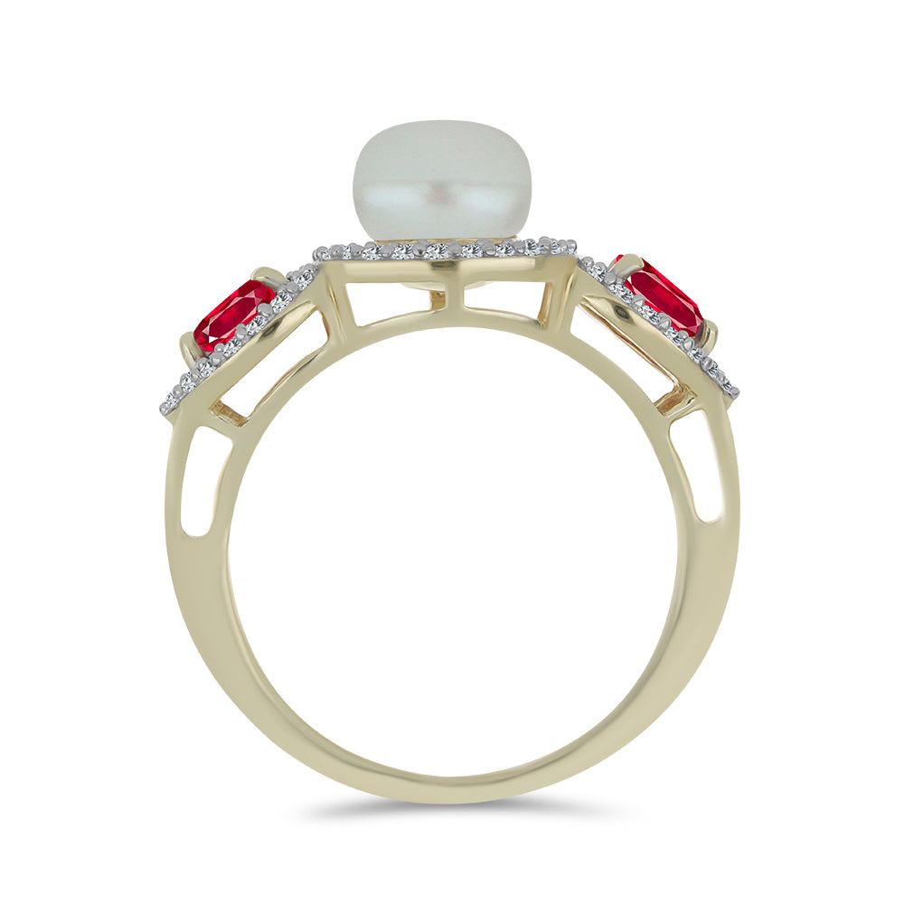 Arannyal Bevont Ezüst Gyűrű Fehér Édesvízi Kagylógyönggyel és Madagaszkári Rubinnal 2 
