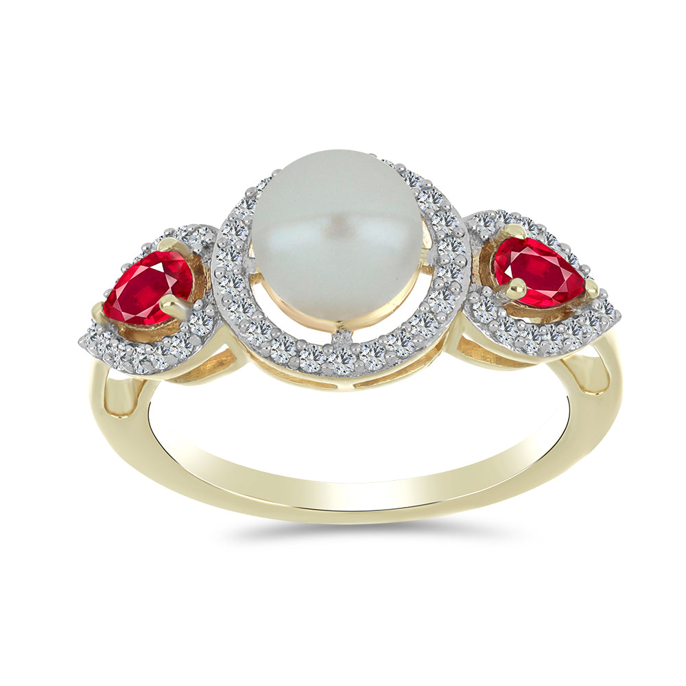 Arannyal Bevont Ezüst Gyűrű Fehér Édesvízi Kagylógyönggyel és Madagaszkári Rubinnal