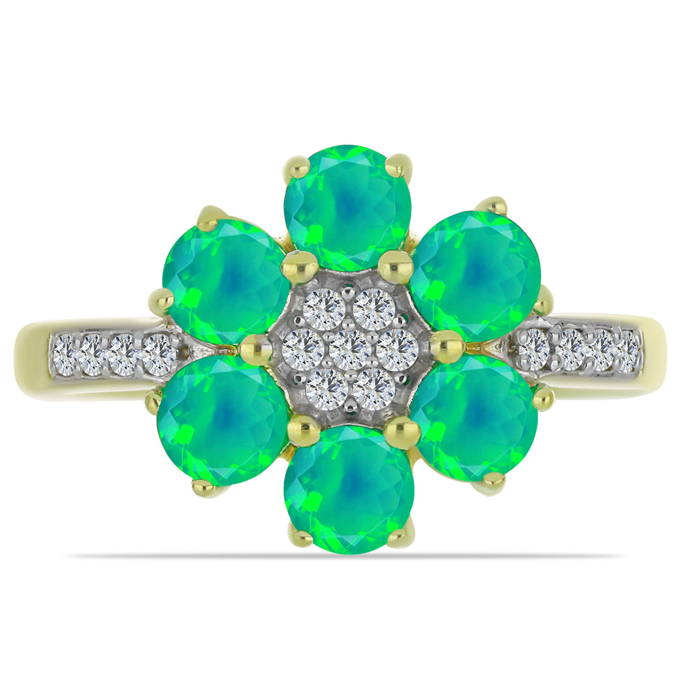Arannyal Bevont Ezüst Gyűrű Lega Dembi Zöld Etiópiai Opállal és Fehér Topázzal