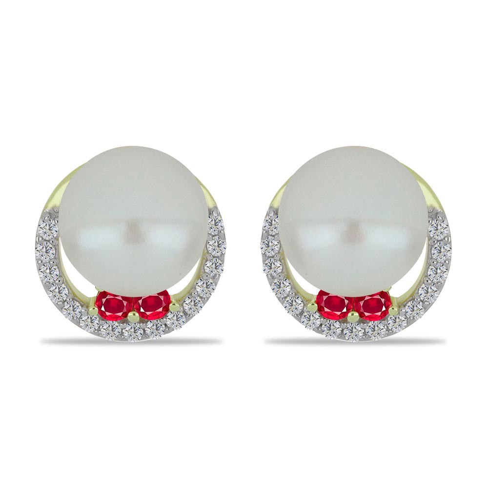 Arannyal Bevont Ezüst Fülbevaló Fehér Édesvízi Kagylógyönggyel és Madagaszkári Rubinnal 1 
