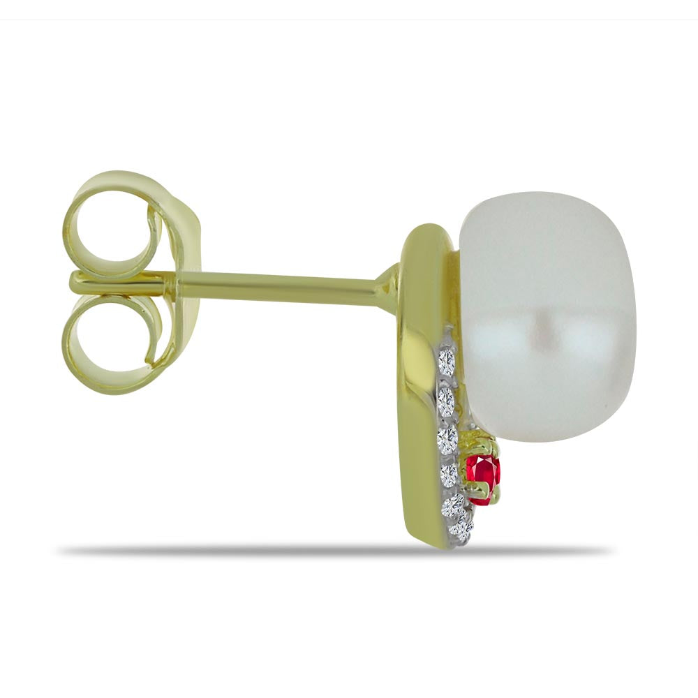 Arannyal Bevont Ezüst Fülbevaló Fehér Édesvízi Kagylógyönggyel és Madagaszkári Rubinnal 2 