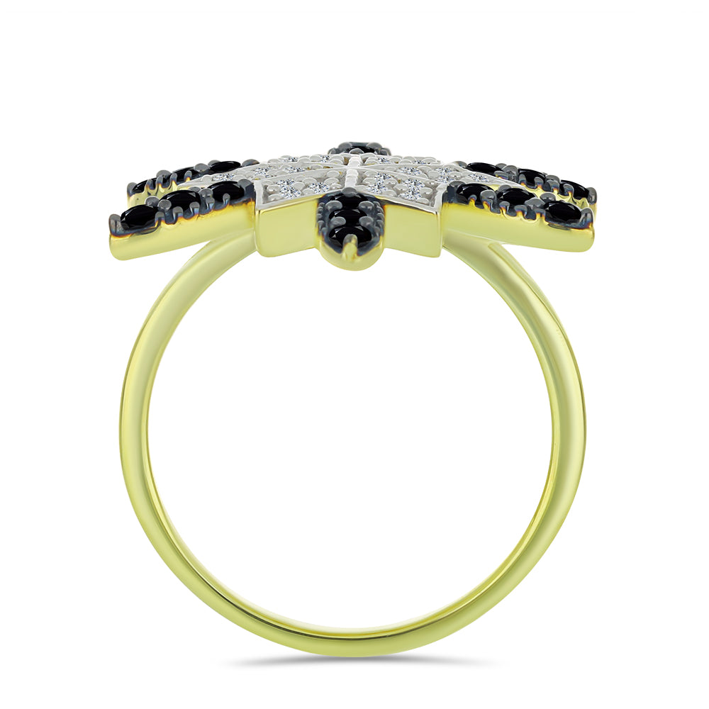 Arannyal Bevont Ezüst Gyűrű Fekete Spinellel és Fehér Topázzal