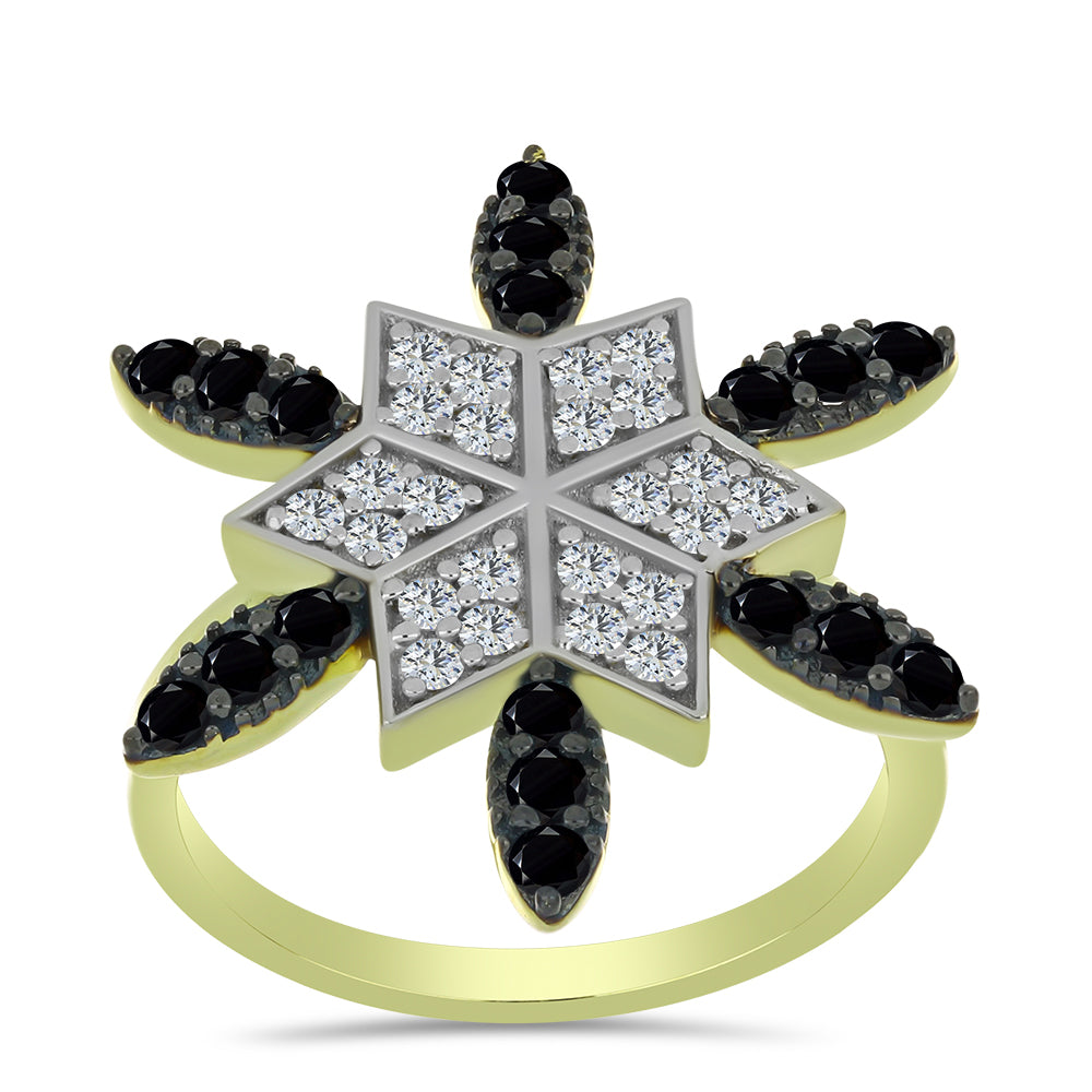 Arannyal Bevont Ezüst Gyűrű Fekete Spinellel és Fehér Topázzal