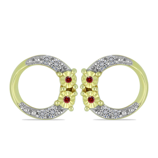 Arannyal Bevont Ezüst Fülbevaló Vörös Gyémánttal és Fehér Gyémánttal