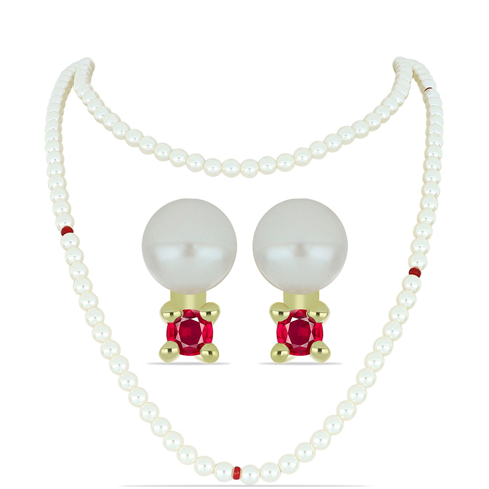 Arannyal Bevont Ezüst Szett Fehér Édesvízi Kagylógyönggyel és Madagaszkári Rubinnal ( Nyaklánc+Fülbevaló )