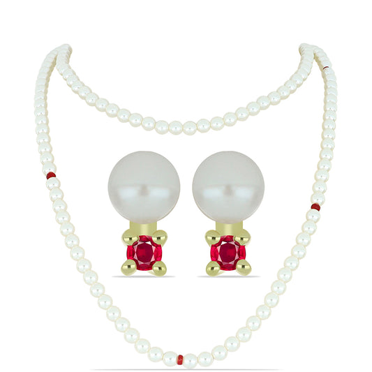 Arannyal Bevont Ezüst Szett Fehér Édesvízi Kagylógyönggyel és Madagaszkári Rubinnal ( Nyaklánc+Fülbevaló )